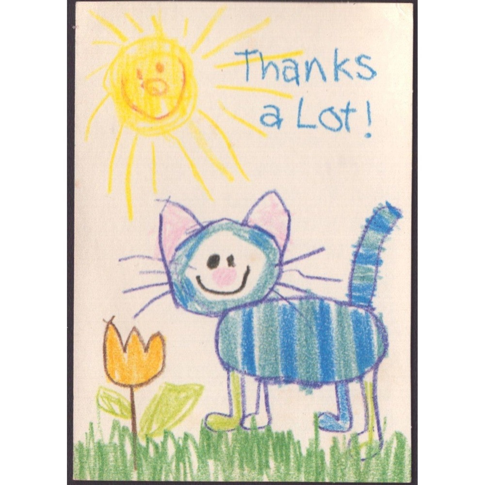 Vintage Hallmark Thank You Card Blue Cat Crayon Art Used Made in USA